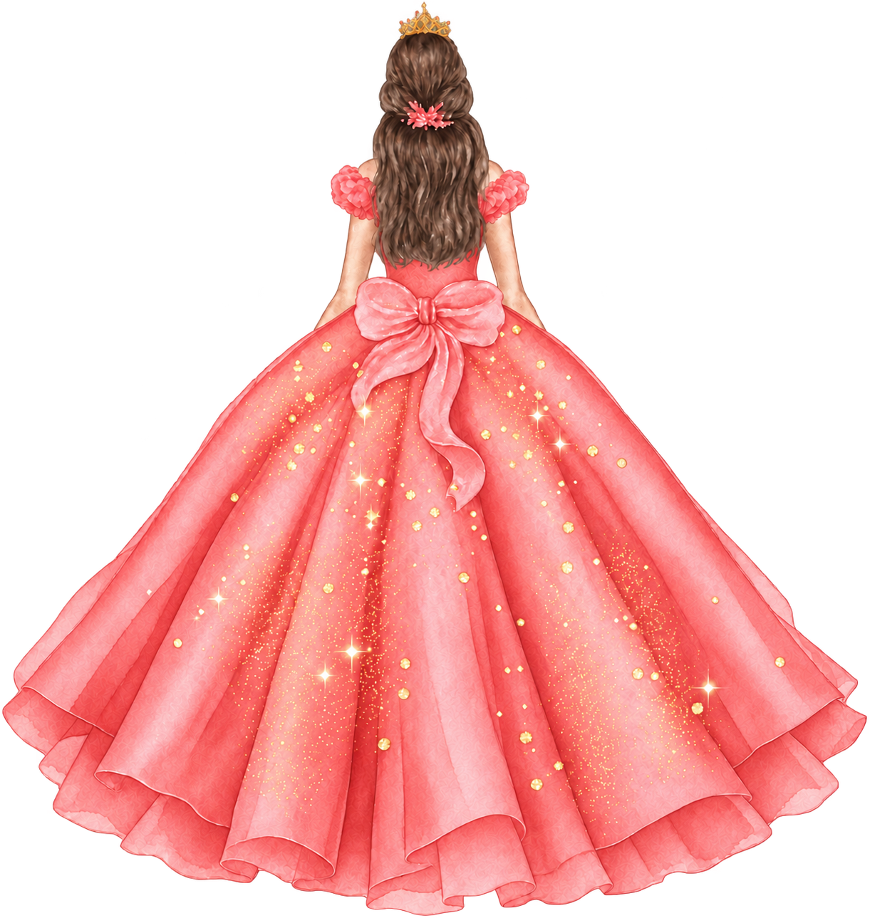 Quinceañera con vestido rosa salmón y corona dorada